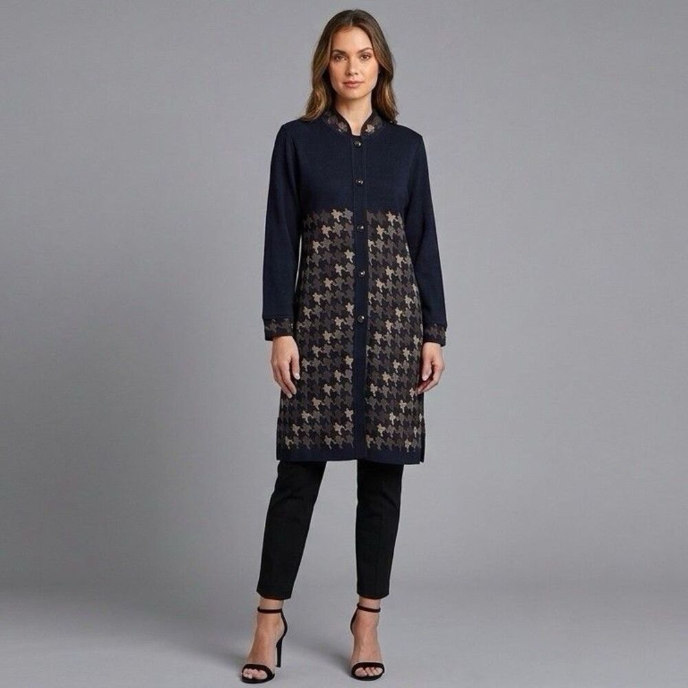 Exclusively Misook Houndstooth Knit Duster Jacket Medium Long Button Cardigan
